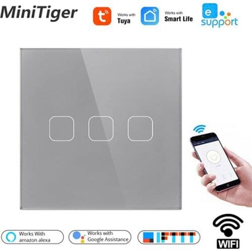 Minitiger EU Standard Work with Alexa Google Home Touch Switch Smart Home 220v Wall interruptor 3 Gang 1 Way wifi light switch