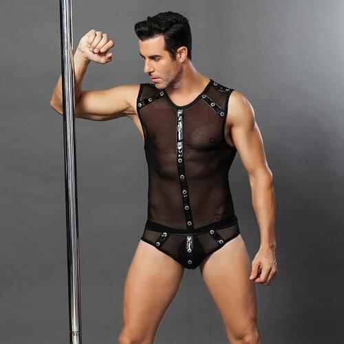 Mens Sexy Role Play Mesh Bodysuit Uniform Set Cosplay Lace Mesh Gay bar Pole Dance Costume Outfit