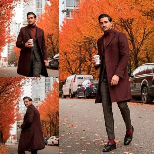 Burgundy Wool Warm Mens Coat Suits Long Men Formal Business Birthday Tailored Fit Prom Party Tuxedos Blazer Only One Jacket
