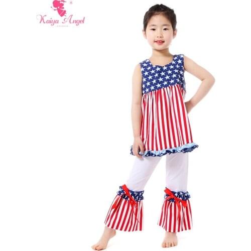 2018 4th Of July Girls Boutique Outfits Summer Girl Dress Long Pants Suits Waist Strap Ribbon Decor Toddler Girl Clothing Set