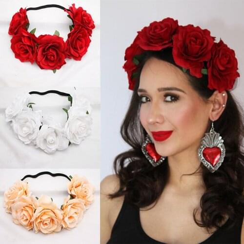 2021 New Romantic Artificial Rose Wedding Wreath Bohemian Corolla Beach Hawaiian Floral Ladies Garland Headband Hair Accessories