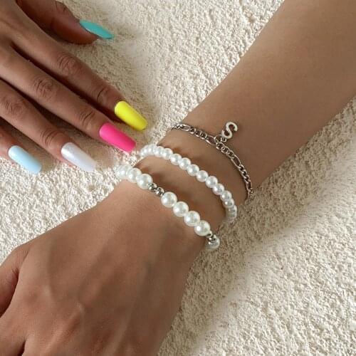 New Arrival Metal Bracelet Bangle Womens Punk Hollow Out Letter S Tags Imitation Pearl Beads Bracelet Bangle Jewelry for Girls