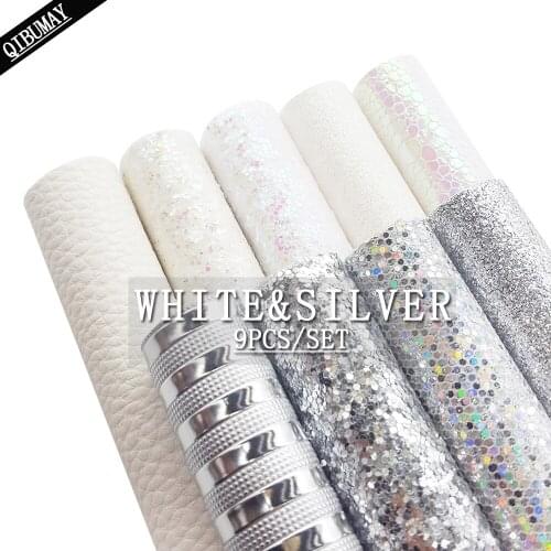 QIBU 9pcs 22*30cm White&Silver Faux Leather Sheets A4 Vinyl Fabric Crafts DIY Haribow Accessories Handmade Earring Bags Material