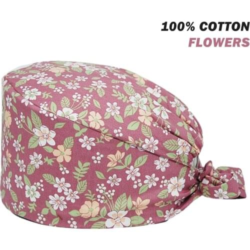 New Scrub Hats 100% Cotton Flora Printing Nursing Hat Adjustable Tie Back Beauty Salon Pet Shop Lab Working Scrubs Cap for Women