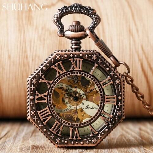 SHUHANG Rose Cooper Mechanical Hand Winding Pocket Watch Octagon Shape Roman Number Skeleton Clock Pendant with Chain Best Gift