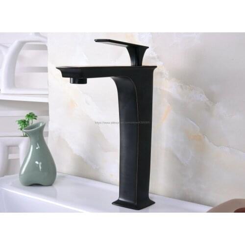 Basin Faucets Oil Rubbed Bronze Square Tall Bathroom Sink Faucet Deck Mounted Hot and Cold Water Single Hole Mixer Taps Bnf669