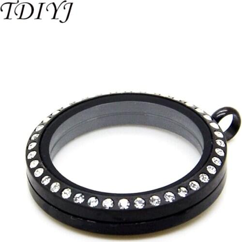 TDIYJ Fashion Stainless Steel Magnetic Floating Charms Glass Locket 30MM Black Locket Pendant Necklace for Women