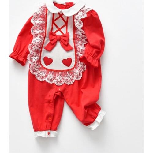 Spring and autumn new Korean style one-piece dress long-sleeved romper lace red romper baby clothes