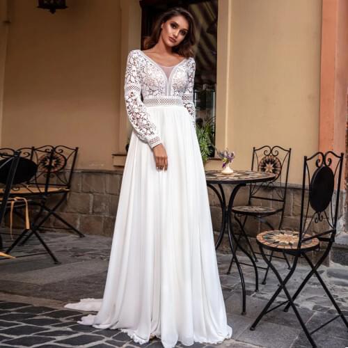 High Quality Summer Sweep Train A Line Wedding Dress 2021 Scoop Neck Lace Long Sleeve Chiffon Bridal Gown with Applique