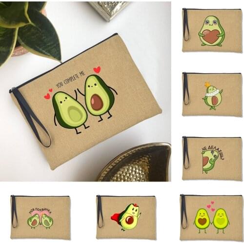 Green Avocado Linen Womens Clutch Bag Zipper Printed Travel Toiletries Organizers Female Pencil Cosmetic Lipstick Makeup Bag
