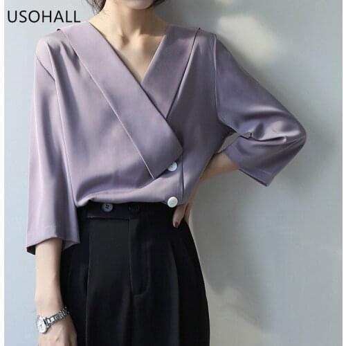USOHALL Spring Summer V-Neck Temperament Shirts Women Loose Tops Blouse