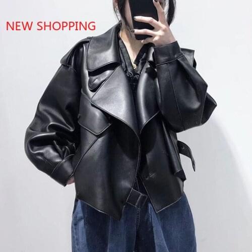 Winter Fall Short Black Faux Leather Jacket Women Long Sleeve Lapel Runway Stylish Fashion Motorcycle Jackets 2021 PU Crop Tops