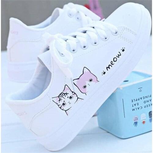 2021 New Arrival Fashion Lace-up Women Sneakers Women Casual Shoes Printed summer Women Pu Shoes Cute Cat Canvas Shoes
