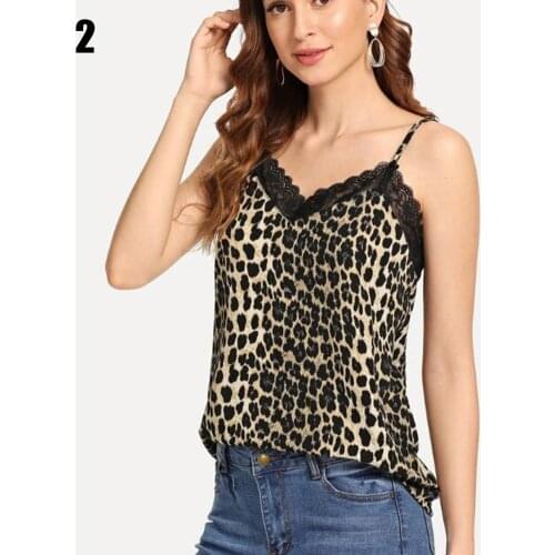 Women Leopard Camisole Lace Trim Loose Ladies Top Fashion Backless For Summer Beach Party Poleras Mujer De Moda 2019 Female Tops