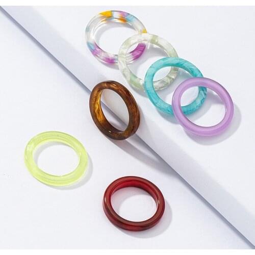 7pcs/set Fashion Vintage Transparent Acrylic Circle Geometric Rings For Women Girls Simple Colorful Marble Pattern Rings Jewelry