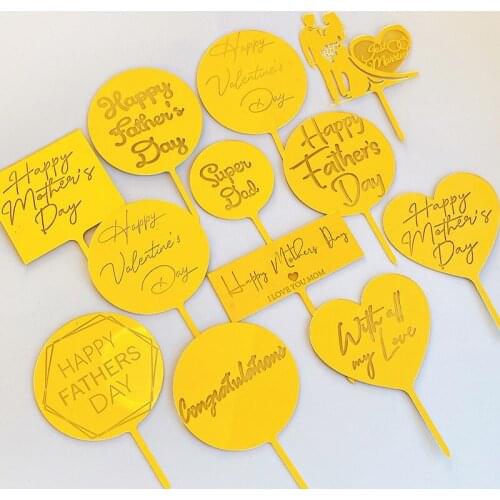 Wedding Valentines Day Acrylic Cake Topper Laser Print Gold Heart Shape Baking Cake Topper Father Mothers Day Cake Decorations