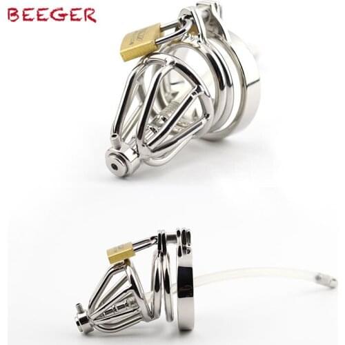 BEEGER small size Male penis metal lock,silica gel catheters,stainless steel,male chastity lock belt,small novelty cage cb3000