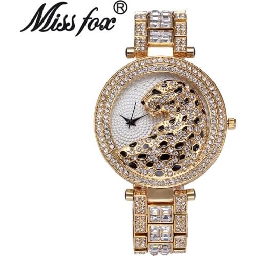 Miss Fox Brand luxury Leopard Watch Fashion Women Golden Clock Charms Full Diamond Gold Quartz Wrist Watches bs
