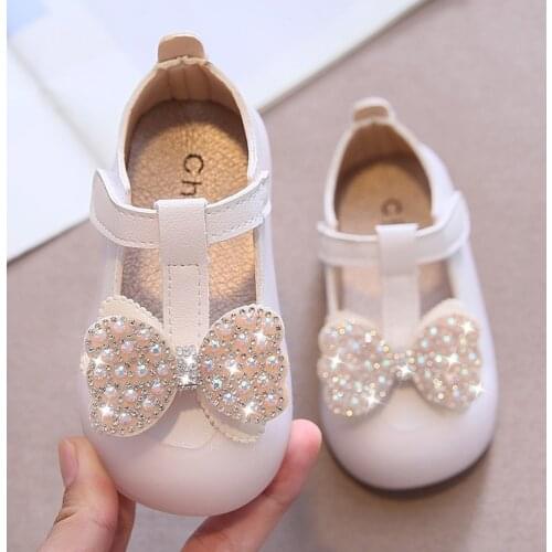 Childrens Leather Shoes for Baby Girls Infants Newborn Toddlers First Birthday Party Shoes Bow-knot Rhinestone 1-3 Yrs 15-25
