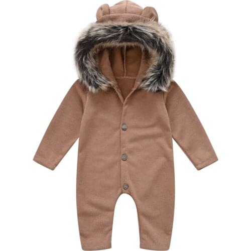 Childrens knitted one-piece Khaki climbing suit autumn and winter new plush solid color hoodie with fur collar one-piece pants