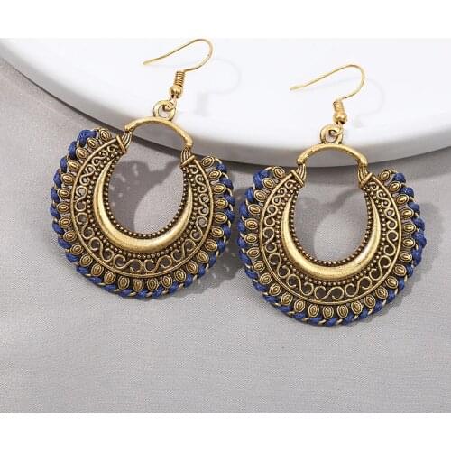 Ethnic Gold Alloy Dangle Earrings For Women Handmade Gypsy Vintage Blue Line Moon Carved Earrings Indian Earrings