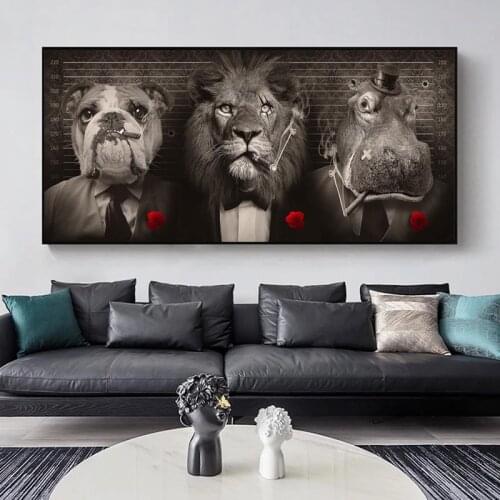 Black Wild Lion in a Suit Canvas Painting Lion Smoking a Cigar Posters And Prints Wall Art Pictures for Living Room Home Decor