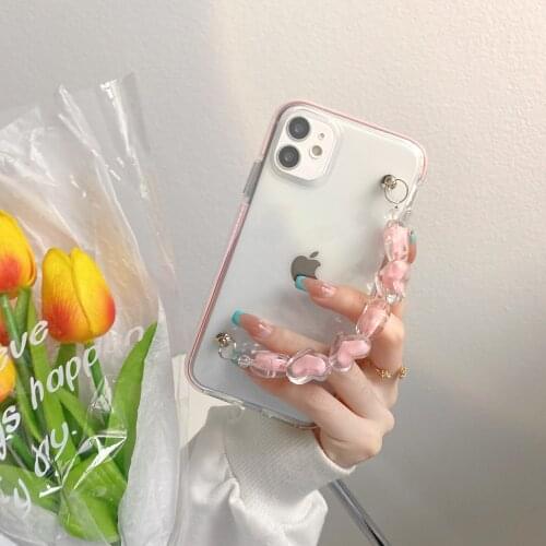 Korea Cute Love heart Bracelet wrist chain case For iPhone SE 2020 12 Mini 11 Xs Xr X Pro Max 7 8 6 Plus Multicolor Clear Cove