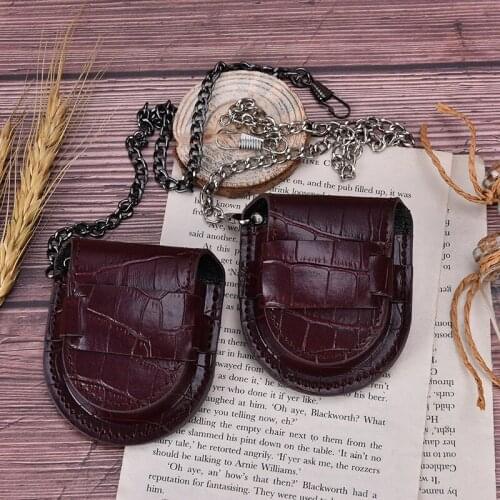 Brown vintage pu leather chain pocket watch holder storage case box pouch bag