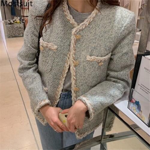 Korean Elegant Thicken Woolen Jacket Coat Women Single-breasted Long Sleeve O-neck Vintage Ladies Fashion Warm Coats 2020 Winter