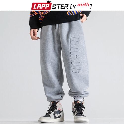 LAPPSTER-Youth Men Korean Fashions Winter Fleece Joggers 2020 Mens Letter Printed Sweatpants Loose Cargo Pants Man Warm Trousers