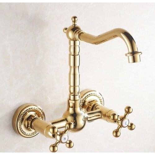 Gold Color Brass Double Cross Handle 2 Hole Wall Kitchen Bathroom Basin Faucet Sink Cold Hot Mixer Tap Swivel Spout 360' dgf018