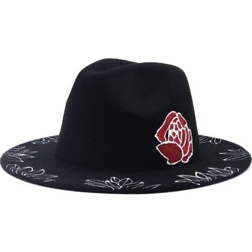 NEW Handmade Painted Flowers Wool Felt Black Fedora Hat For Women/Men Wide Brim Autumn Winter Panama Jazz Cap
