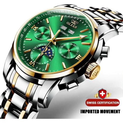 OLEVS Brand Luxury Men Watches Automatic Green Watch Men Stainless Steel Waterproof Business Sport Mechanical Wristwatch 6633