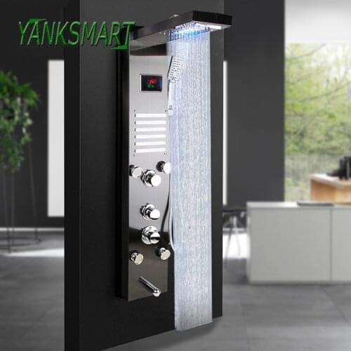 YANKSMART Nickel Brushed Black Digital Display Shower Panel Column LED Rain Waterfall Shower Spa Jets Bath Shower Mixer Faucet