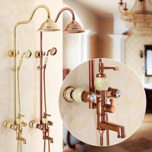 Gold plated jade rain shower faucet mixer tap Rose gold Brass diamond shower faucet head set Bathroom shower faucet wall mounted