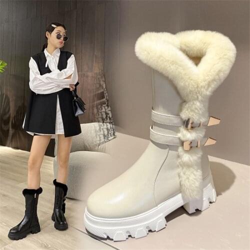 Winter Women Boots Rabbit Fur Boots Round Toe Chunky Heel Side Zipper Metal Buckle Warm Martin Boots Essential In Winter Boots