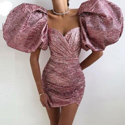 Sweetheart Puff-Sleeves Evening Dresses Short 2021 Pink Mermaid Prom Gowns knee-Length Party Dress Custom Made vestido de fiesta