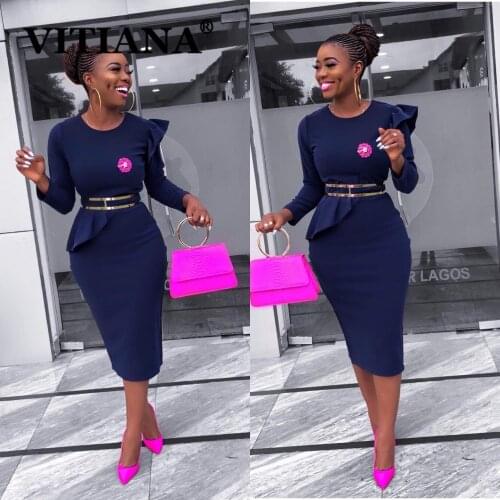 VITIANA Women Formal Pencil Dress Spring 2020 Female Long Sleeve Slim Navy Blue Office OL Midi Dresses Femme Casual Vestidos