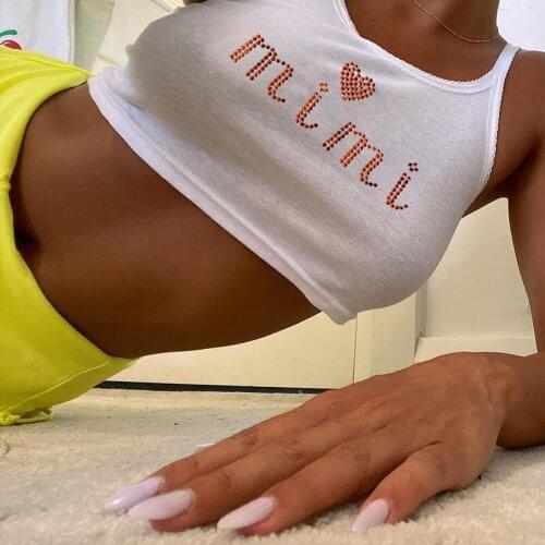 Y2K Rhinestones Letter Tank Top Streetwear Women Summer Clothes 2021 Casual Cotton White Black Sexy Slim Fit Crop Tops Vest