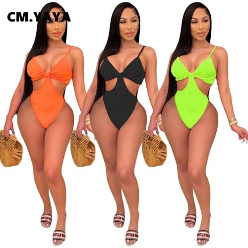 CM.YAYA Bikinis Set Women Solid Spaghetti Strap Mid Waist One Piece Set Hollow Out Swimsuit Summer Sexy Beachwear Fashion 2021