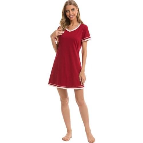 Women Summer Tracksuit Color Matching Design V-Neck Short Sleeve Solid Casual Loose Pullovers Dress for Home Red XXL