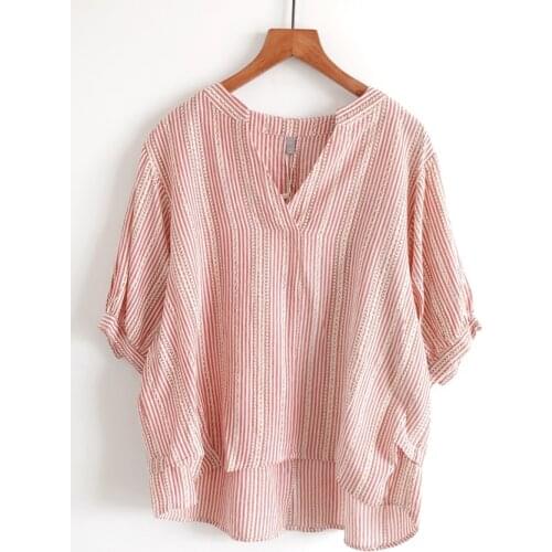 2020 New Summer Korea Style Womens top Loose Thin V-neck Print Half Sleeve Pullover Shirt Women