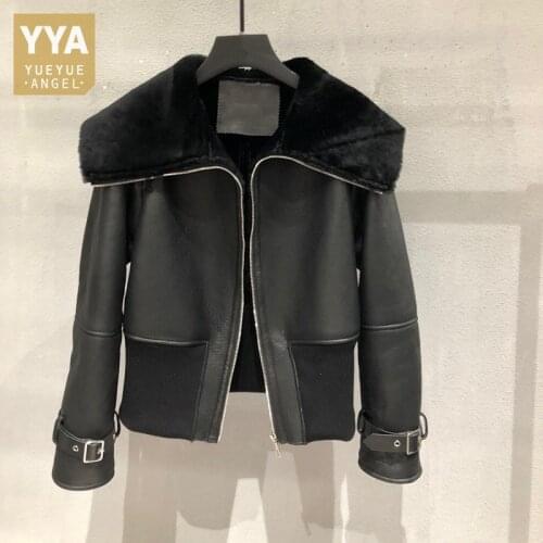 Winter Women Wool Lining Overcoat Moto Biker Sheepskin Genuine Leather Coat Female Punk Brand Luxury Thick Warm Real Fur Jacket