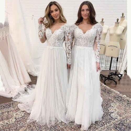 Long Sleeve Wedding Dresses for women 2021 Corset Low Back Floor length Lace Appliques Bridal Gowns Tulle V Neck Summer Dress