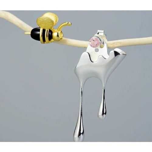 925 Sterling Silver Handmade Fine Jewelry 18K Gold Bee and Dripping Honey Asymmetric Stud Earrings