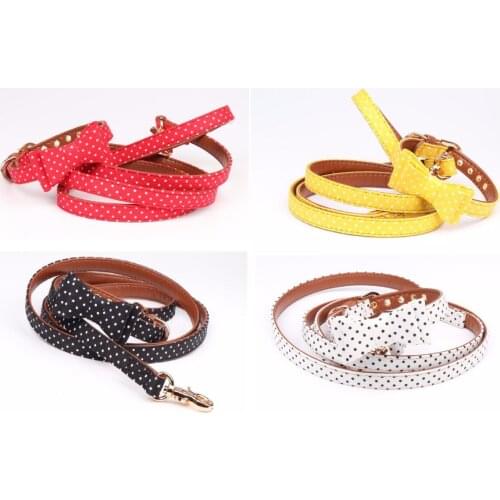 Free shipping 4 color soft Pu+cloth dot pattern bowknot dog collar leash lead accessories collier pour chien perro coleira