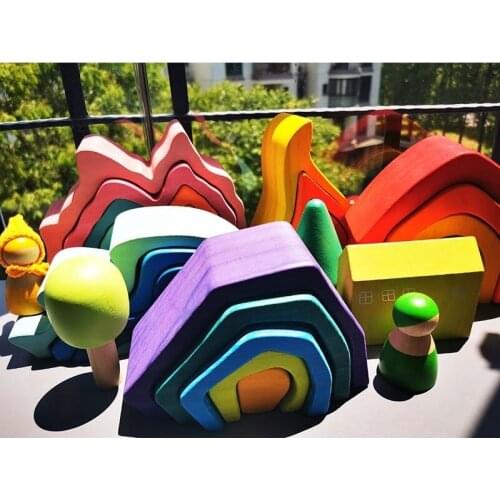 Kids Wooden Toys Elemental Rainbow Stacking Blocks /Wooden Volcano Coral Sea Wave Montessori Toy