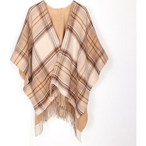 Double Sides Women Plaid Scarves Shawls Coat Winter Knitted Cashmere Capes Shawl Cardigans Sweater Coat Keep Warm Scarves Wraps