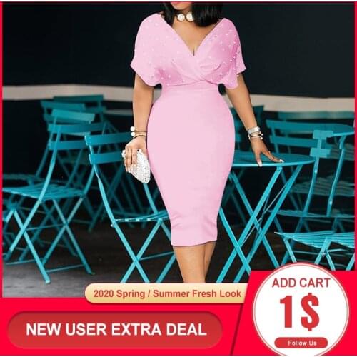 3xl Plus Size Beading Summer Bodycon Dress 2020 African Women Pink Vestiods Elegant Office Ladies Midi High Waist Dress Party