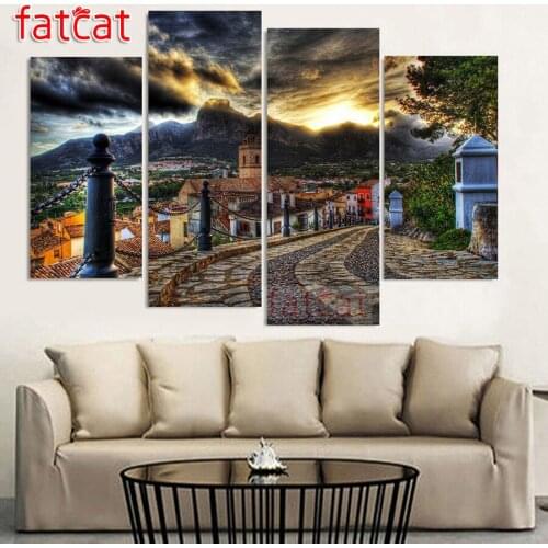 FATCAT Sunset town scenery 4 Piece Diy Diamond Painting Full Square Round Drill Diamond Embroidery sale Home decoration AE2618